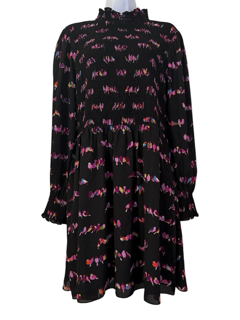 Kate Spade Love Birds Smocked Long Sleeve Knee Length Dress Sz 10